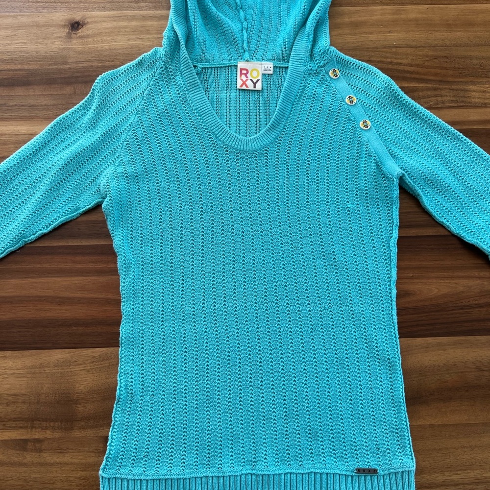 Roxy Turquoise Knit Hooded Sweater with Button Detail